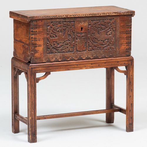 SCANDINAVIAN CARVED PINE BOX ON A