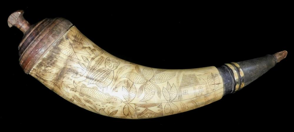 SCRIMSHAW DECORATED POWDER HORN,
