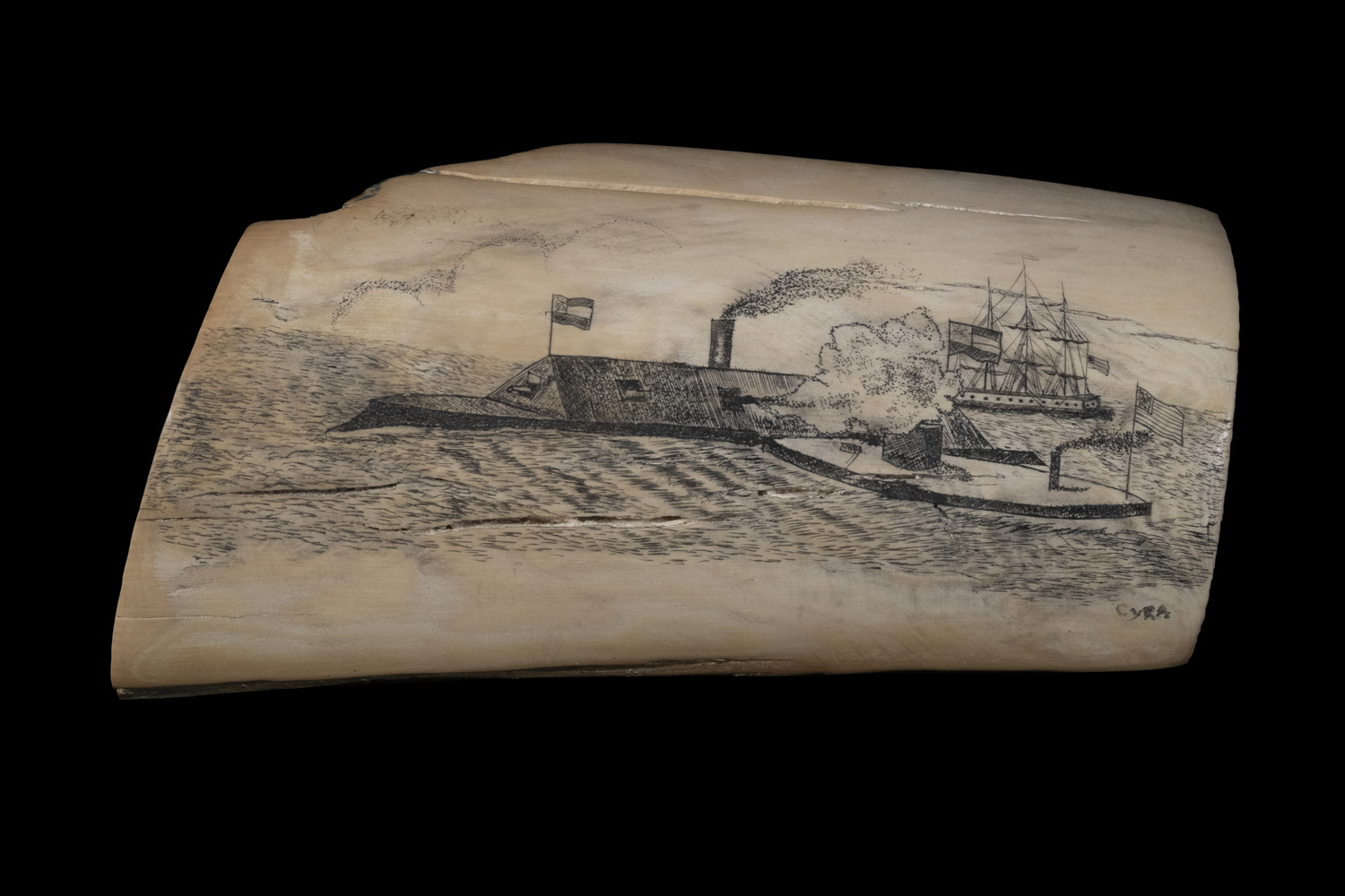 SCRIMSHAW MAMMOTH TUSK SIGNED