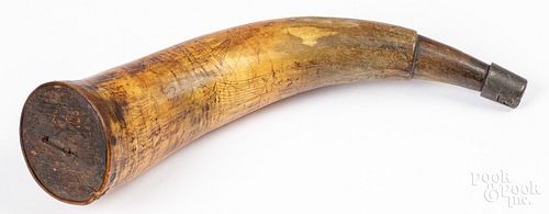 SCRIMSHAW POWDER HORN, 19TH C.,