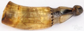 SCRIMSHAW POWDER HORN, 19TH C.