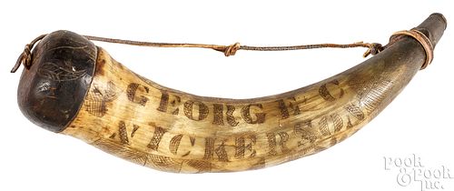 SCRIMSHAW POWDER HORN, 19TH