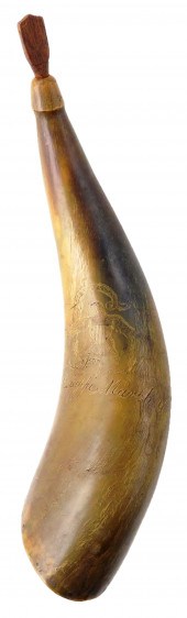 SCRIMSHAW POWDER HORN, AMERICA