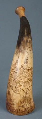 SCRIMSHAW POWDER HORN CIRCA 17