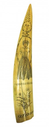 SCRIMSHAW WALRUS TUSK, 19TH C.
