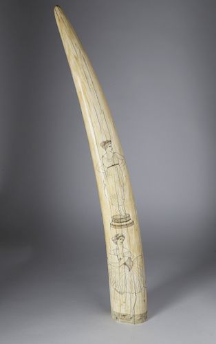 SCRIMSHAW WALRUS TUSK, CIRCA 1870