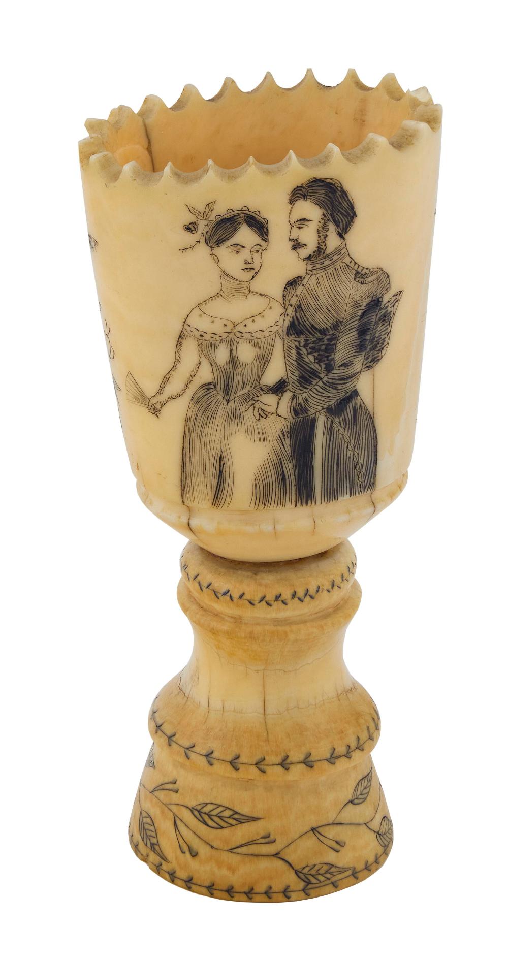 SCRIMSHAW WHALE IVORY FOOTED VASE