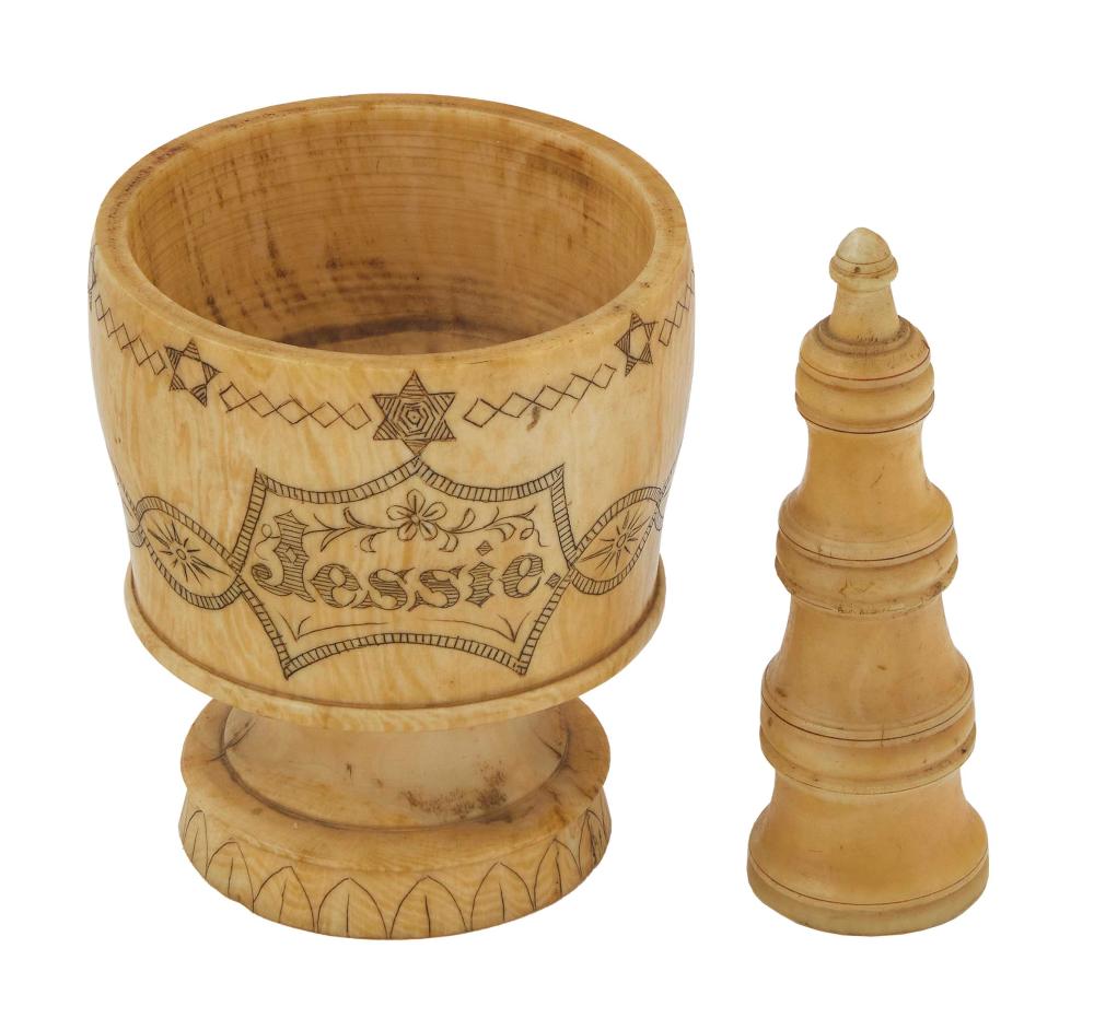 SCRIMSHAW WHALE IVORY MORTAR AND