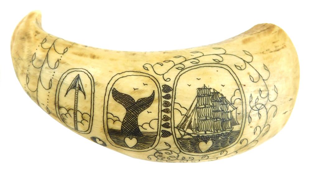 SCRIMSHAW WHALE TOOTH, 19TH C.