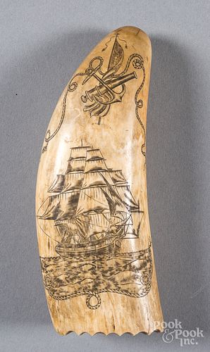 SCRIMSHAW WHALE TOOTH, 19TH