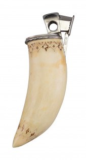 SCRIMSHAW WHALE TOOTH MOUNTED
