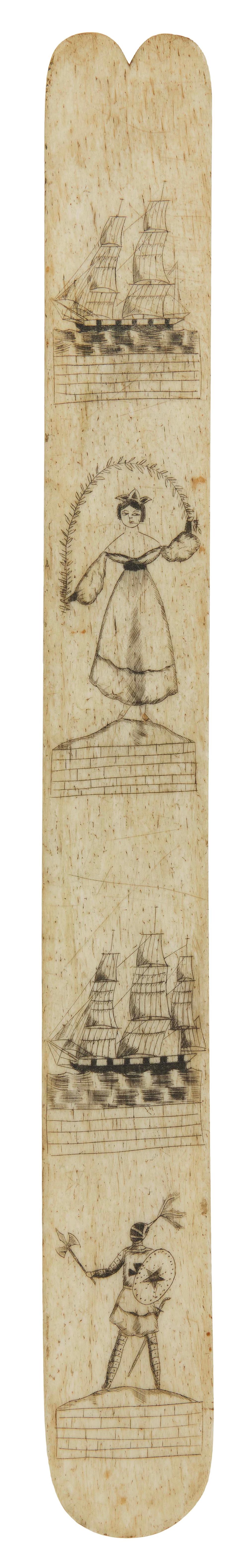 SCRIMSHAW WHALEBONE BUSK ATTRIBUTED