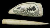 SCRIMSHAW WHALE'S TOOTH AND A