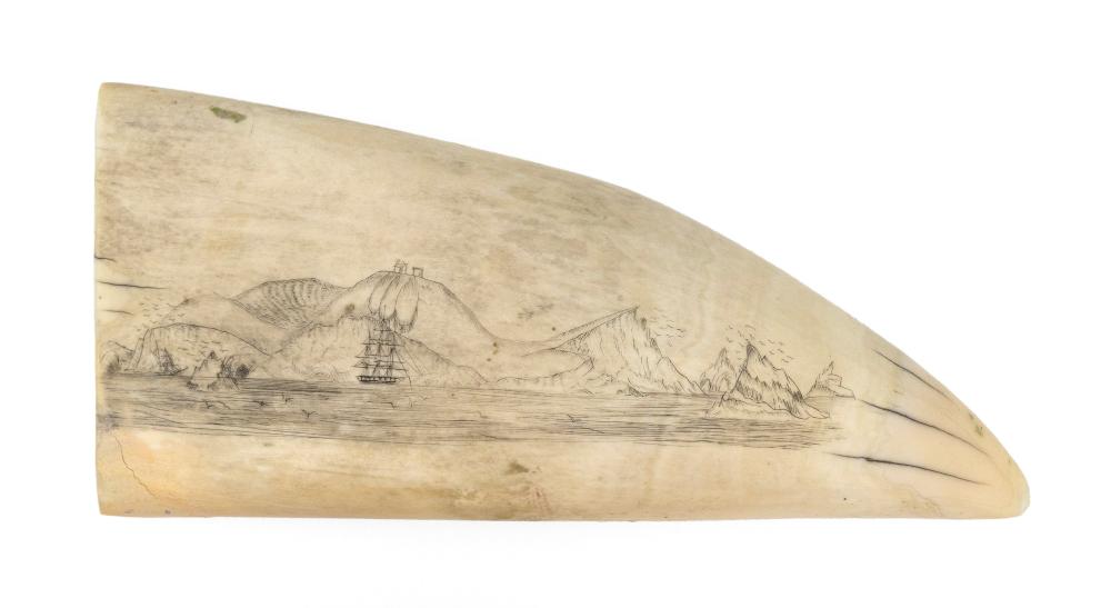 SCRIMSHAW WHALE'S TOOTH DEPICTING A
