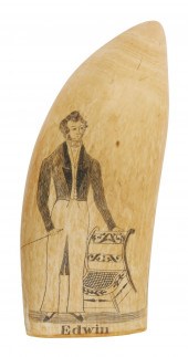 SCRIMSHAW WHALE'S TOOTH WITH F