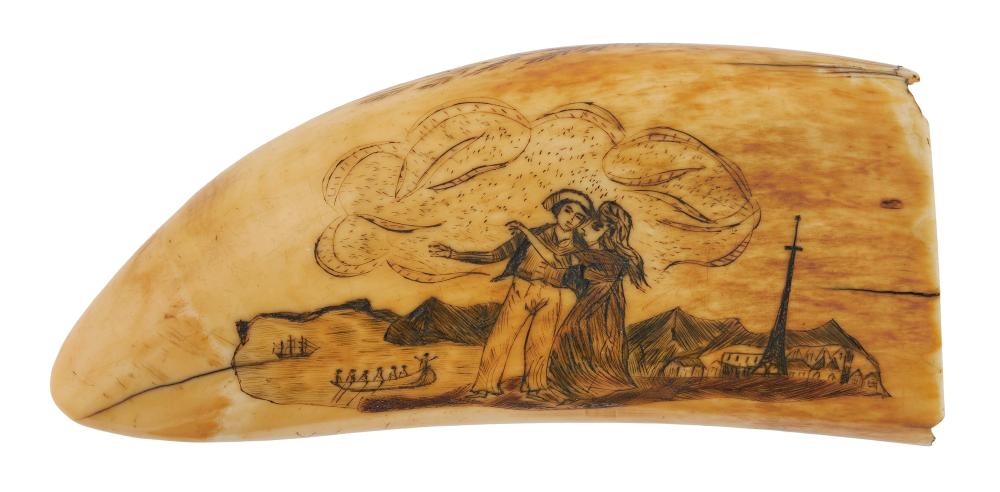 SCRIMSHAW WHALE'S TOOTH WITH
