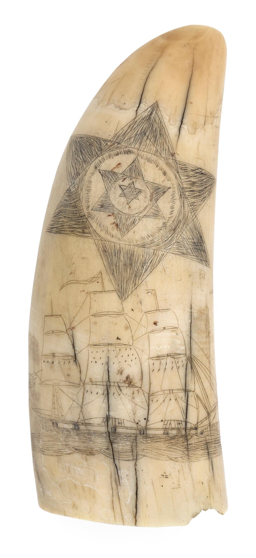 SCRIMSHAW WHALE'S TOOTH WITH