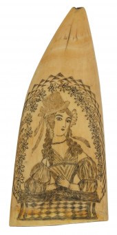 SCRIMSHAW WHALE'S TOOTH WITH P
