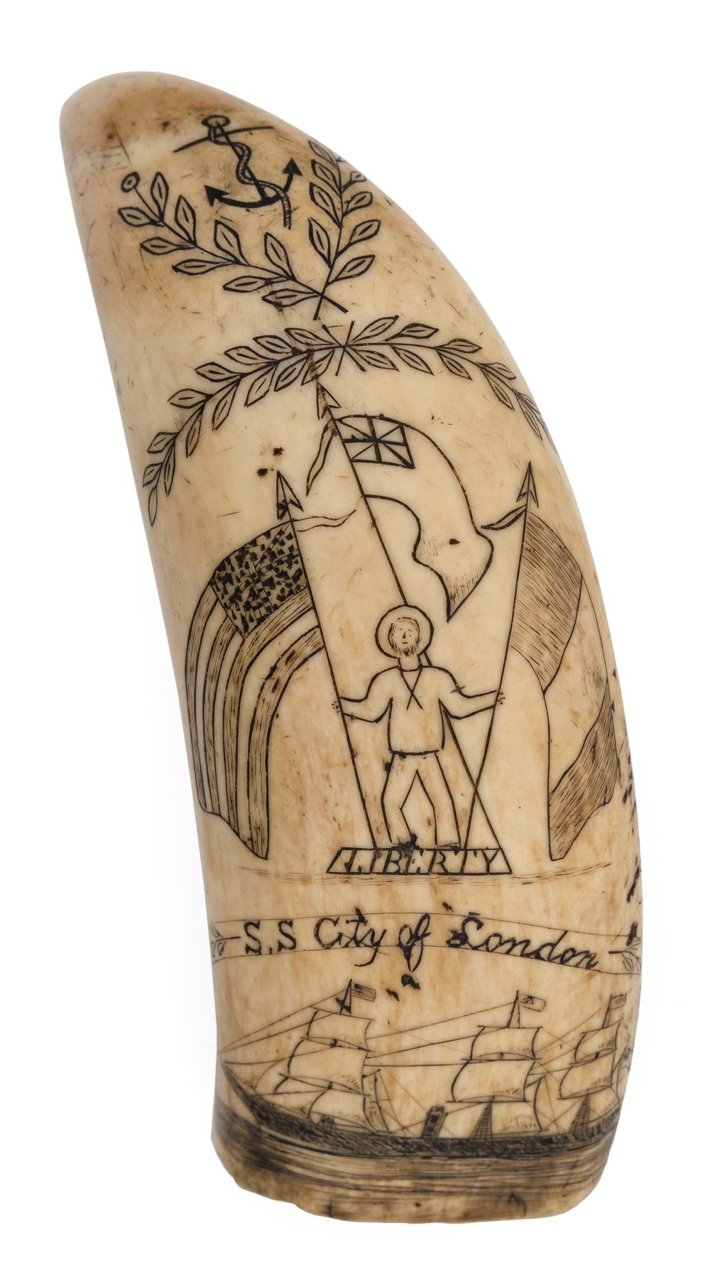 SCRIMSHAW WHALE'S TOOTH WITH