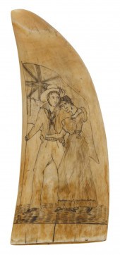 SCRIMSHAW WHALE'S TOOTH WITH S