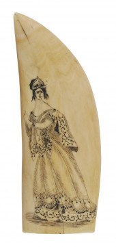 SCRIMSHAW WHALE'S TOOTH WITH T