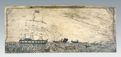 Scrimshaw whaling scene, rare