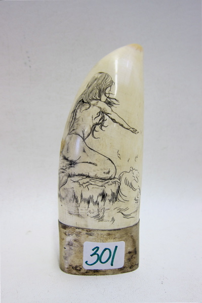 SCRIMSHAWED WHALE TOOTH signed by