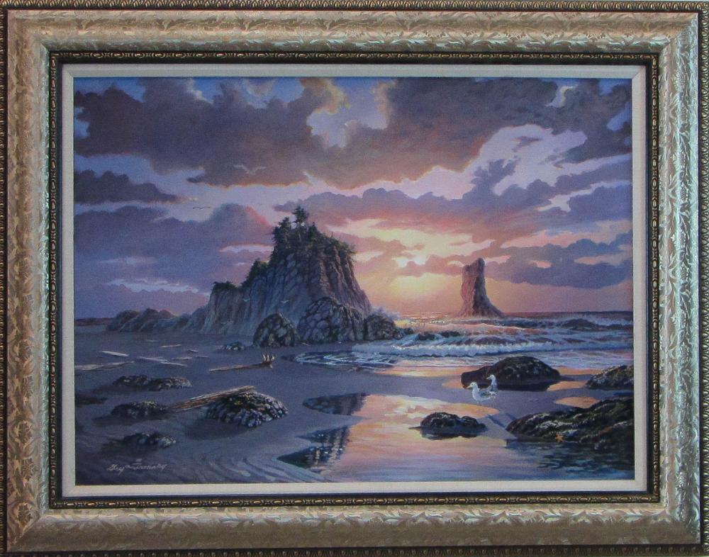 SEASCAPE AT SUNSET OIL ON BOARD