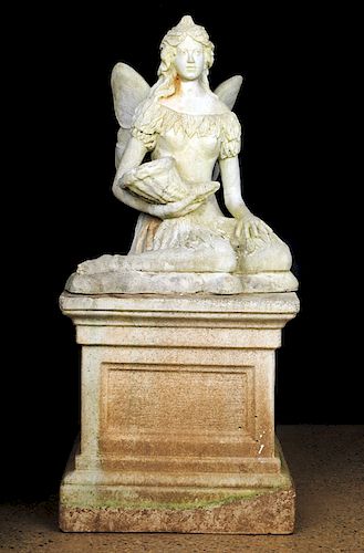 SEATED CAST STONE WINGED FEMALE