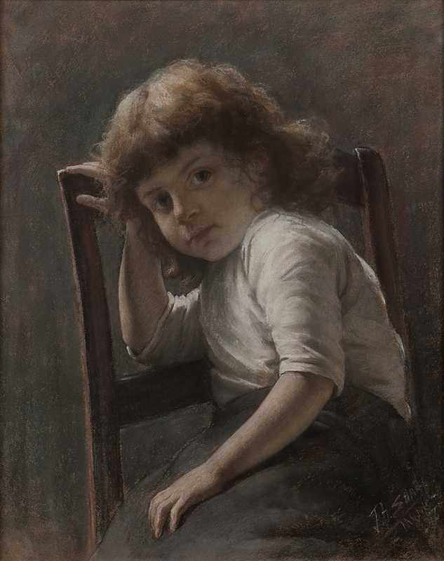 Seated child pastel on dark grey