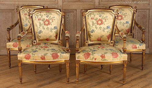 SET 4 FRENCH GILT WOOD OPEN ARM