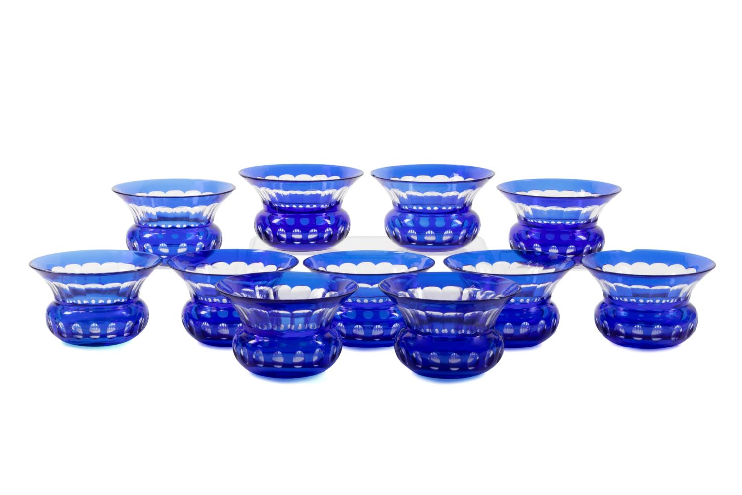 SET OF 11 COBALT CUT TO CLEAR GLASS