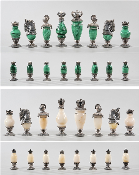 Set of 16 malachite and stone chess