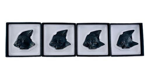SET OF 4 LALIQUE BLACK CRYSTAL FISH