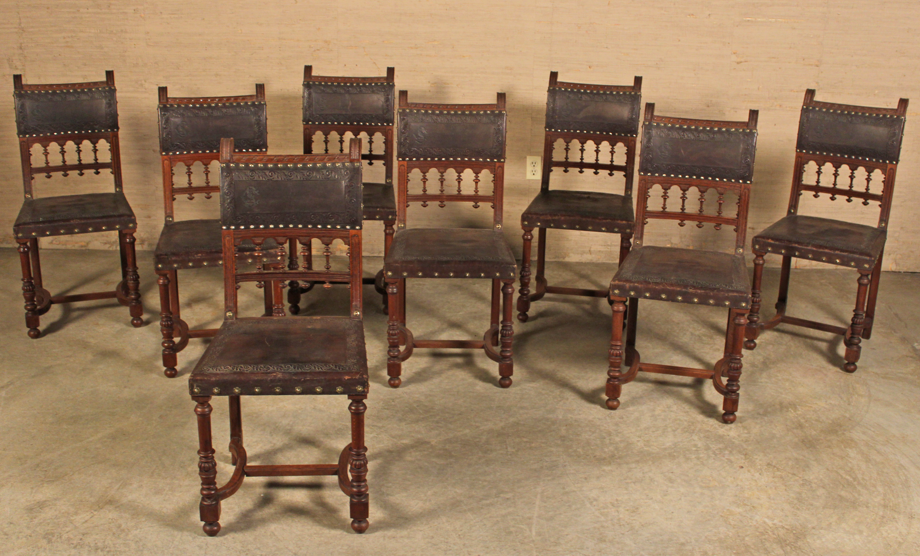SET OF 8 FRENCH HENRI II CARVED OAK