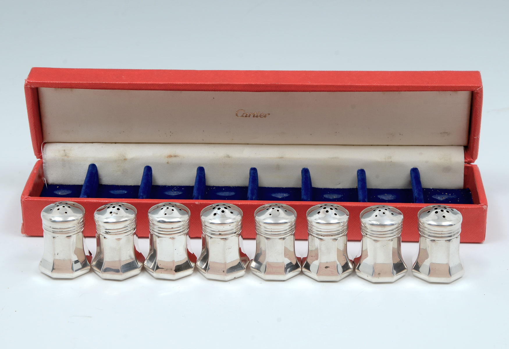 SET OF 8 SILVER CARTIER SALT &