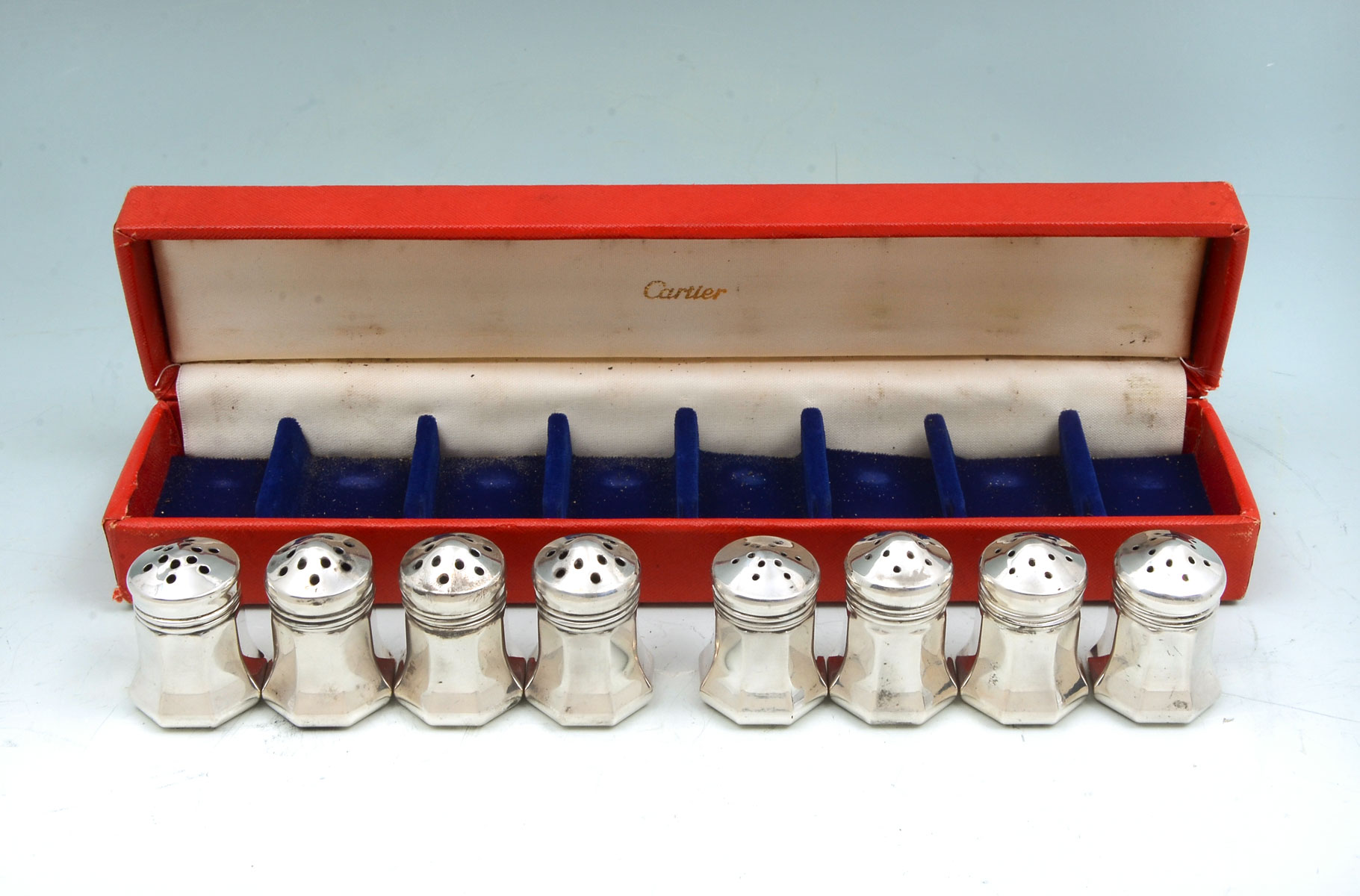 SET OF 8 SILVER CARTIER SALT &