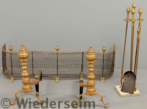 Set of brass fireplace tools