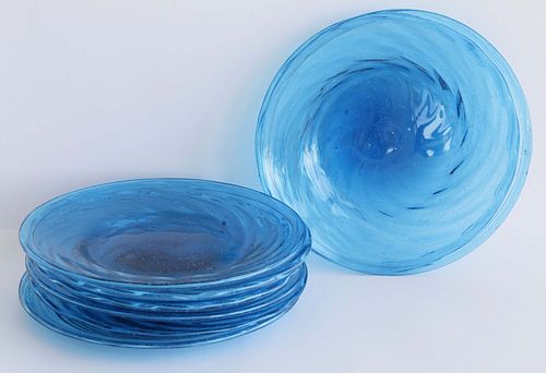 SET OF EIGHT BLUE BLOWN GLASS SALAD