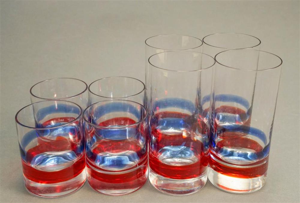 SET OF EIGHT RED AND BLUE BANDED