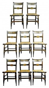 SET OF EIGHT SLAT BACK CHAIRS