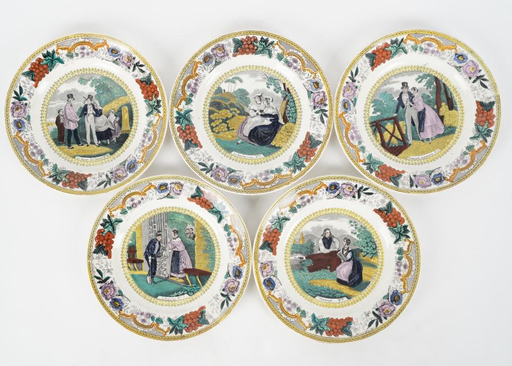 SET OF FIVE FRENCH TRANSFER-PRINTED