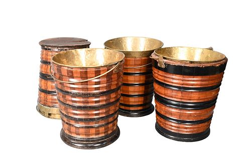 SET OF FOUR CARVED WOOD AND BRASS