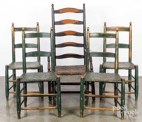 SET OF FOUR PAINTED RUSH SEAT