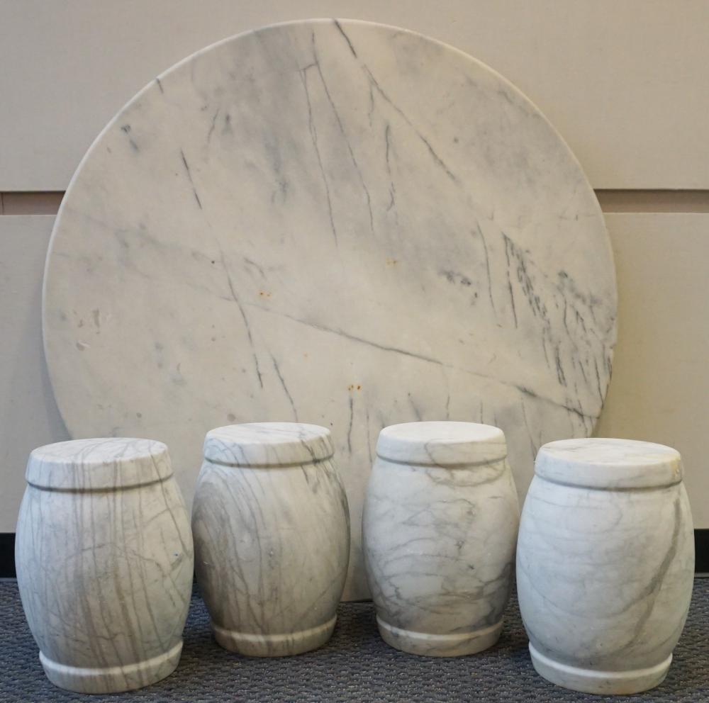 SET OF FOUR WHITE MARBLE STOOLS;