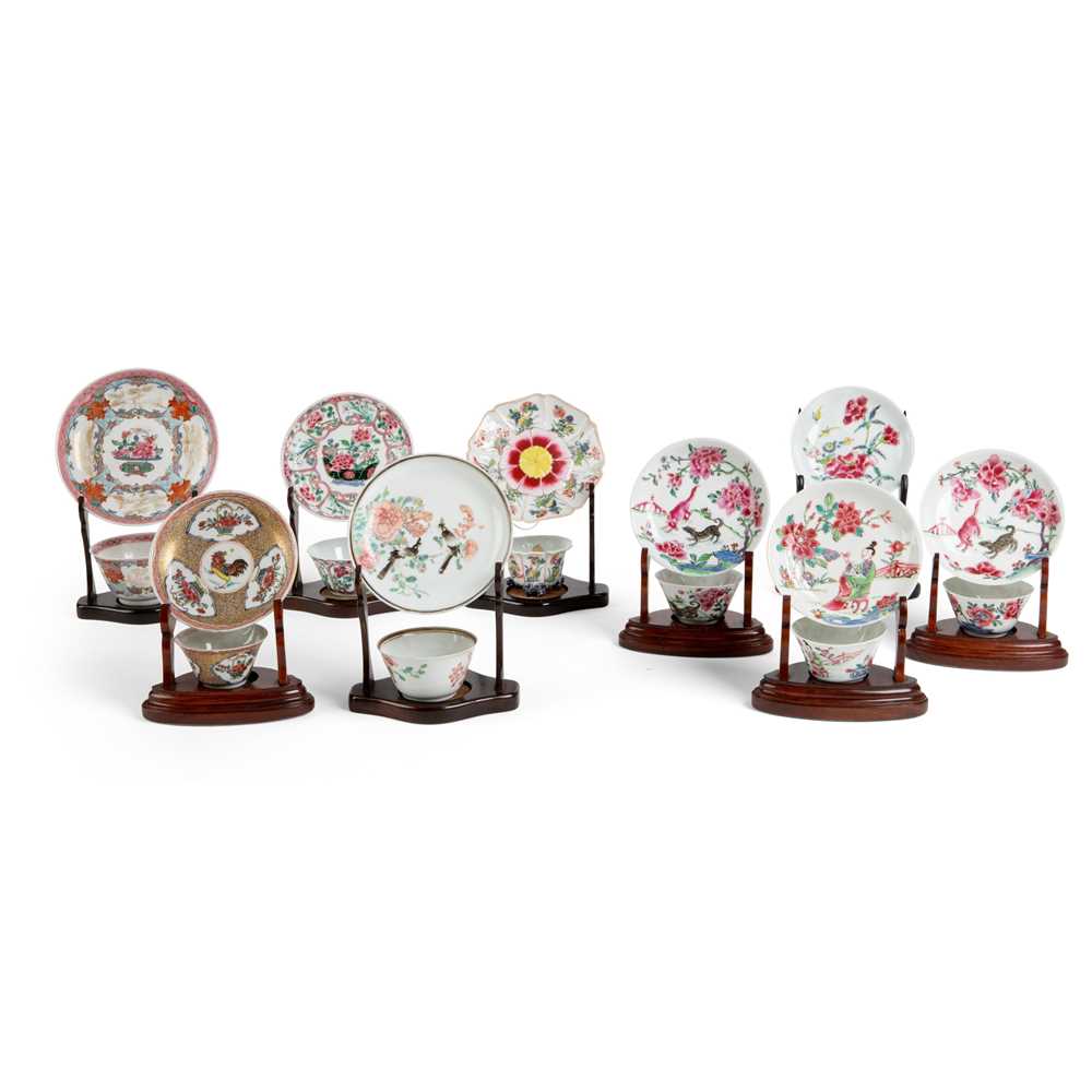 SET OF NINE FAMILLE ROSE CUPS AND
