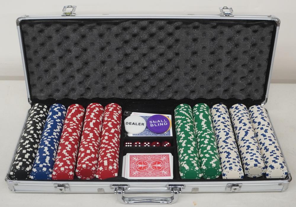 SET OF POKER CHIPS AND PLAYING