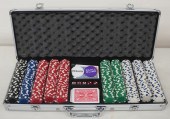 SET OF POKER CHIPS AND PLAYING