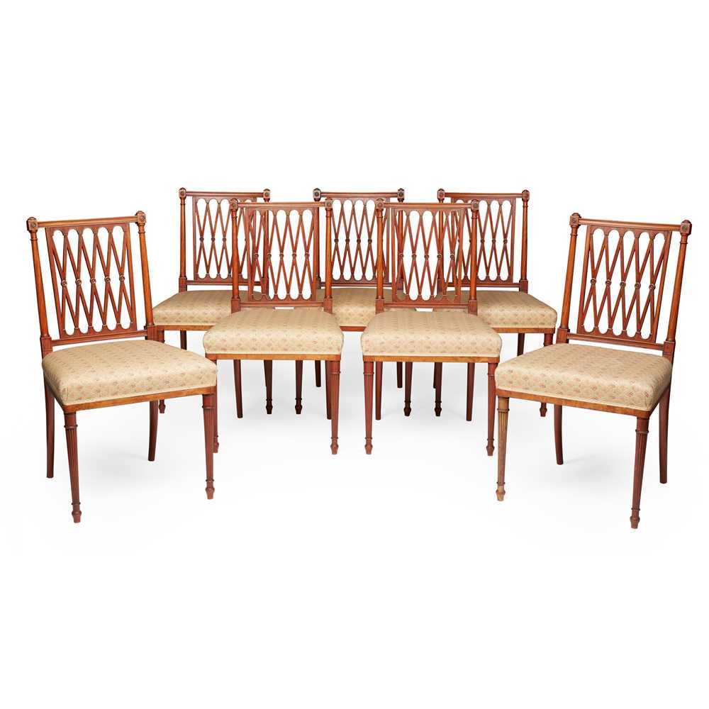 SET OF SEVEN SATINWOOD LATTICE BACK