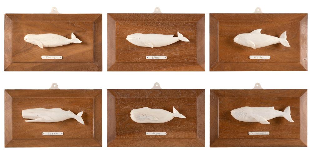 * SET OF SIX CARVED WHALEBONE WHALE